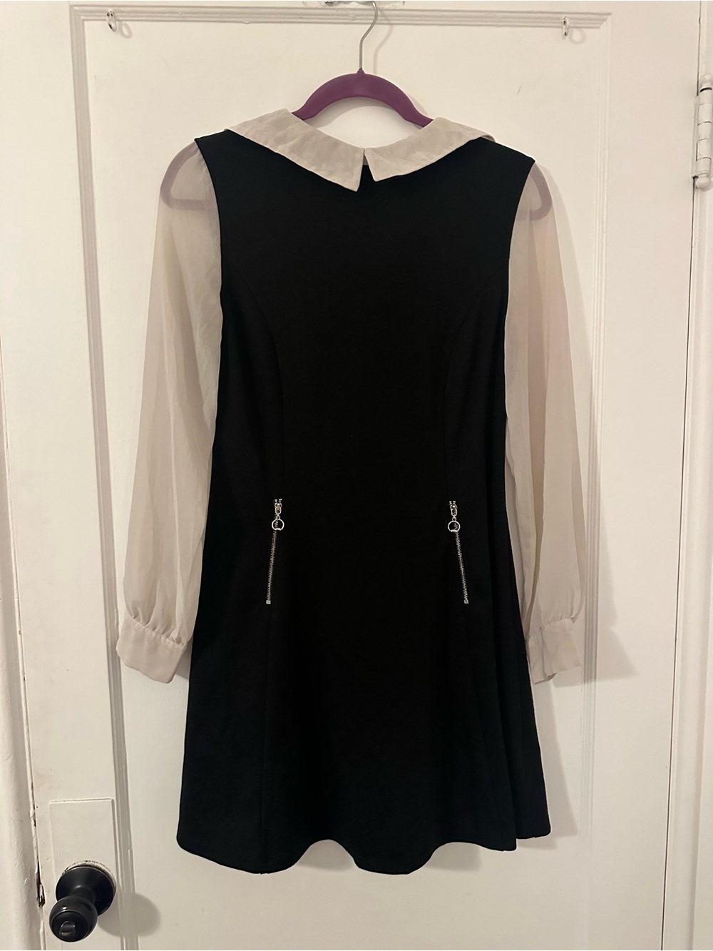 UK Wednesday Adams  Black Dress with Ivory Collar and Sheer Ivory Sleeves